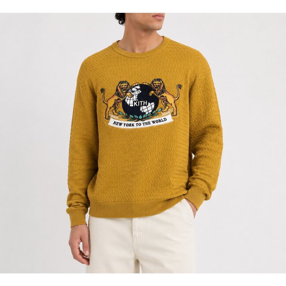 KITH New York To The World Cable Knit Sweater Mustard Yellow Size Small